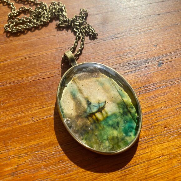 Oval Upcycled Chinese Paper Fan Rainy Pagoda Scene Clear Resin Pendant Necklace - Picture 2 of 5